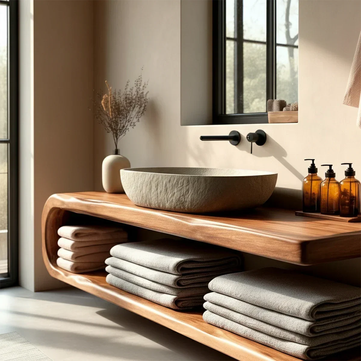 Floating Natural Solid Wood Bathroom Vanity With Open Shelf Storage - Arboriswood - 4
