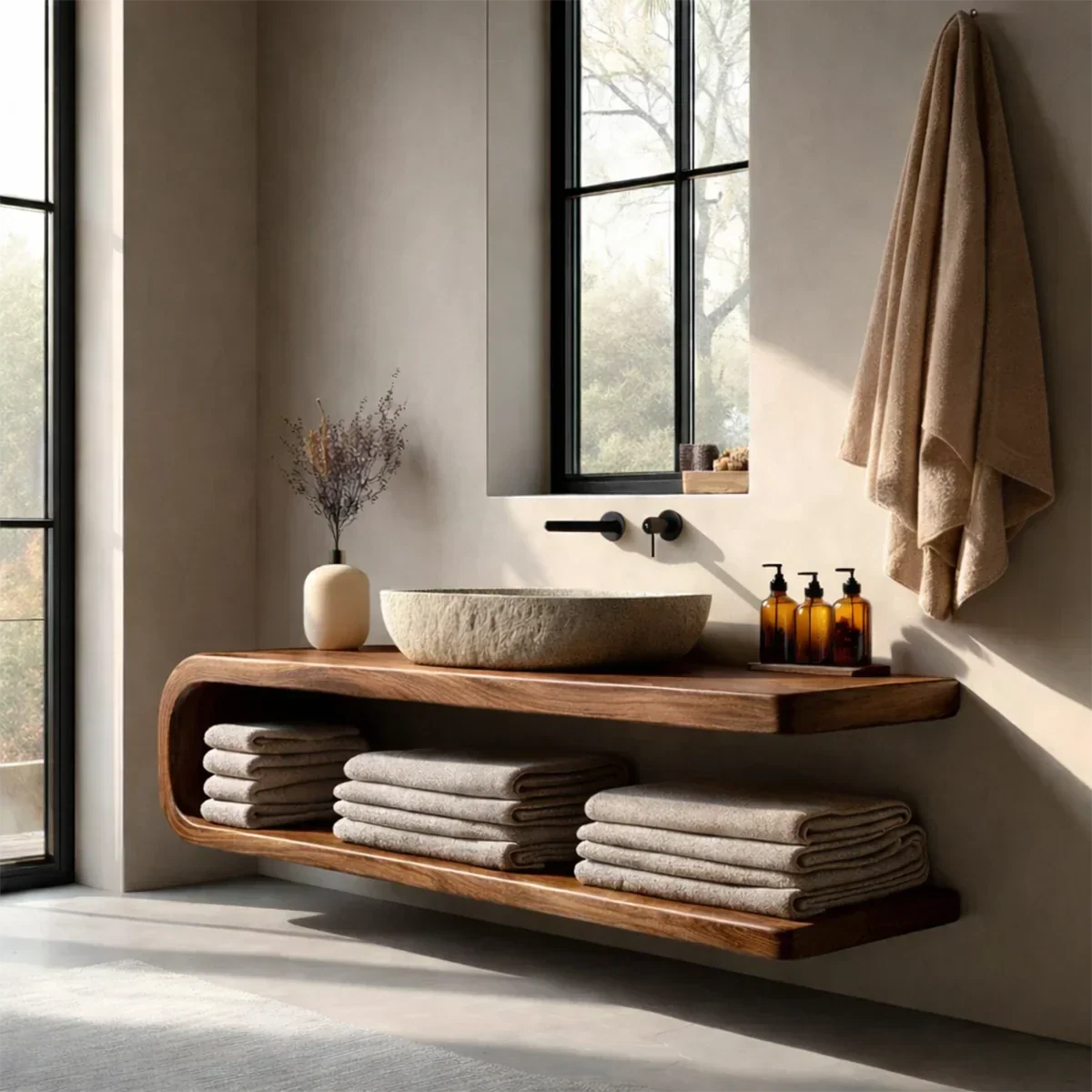 Floating Natural Solid Wood Bathroom Vanity With Open Shelf Storage - Arboriswood - 7