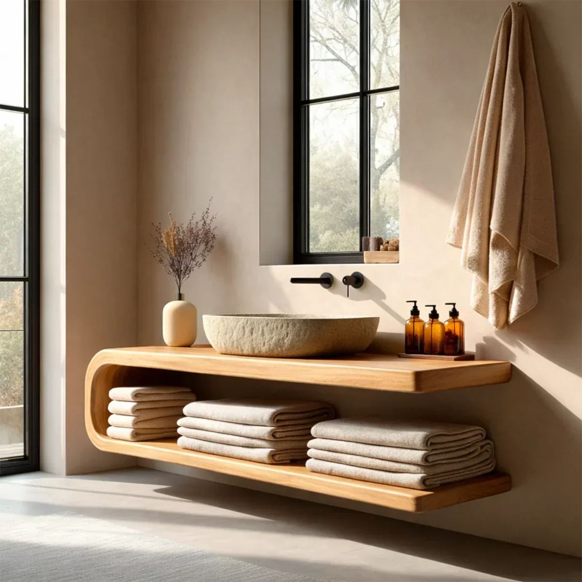 Floating Natural Solid Wood Bathroom Vanity With Open Shelf Storage - Arboriswood - 8