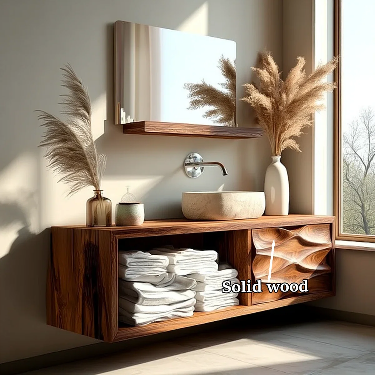 Floating Natural Solid Wood Bathroom Vanity With Sculpted Drawer - ArborisWood - 11