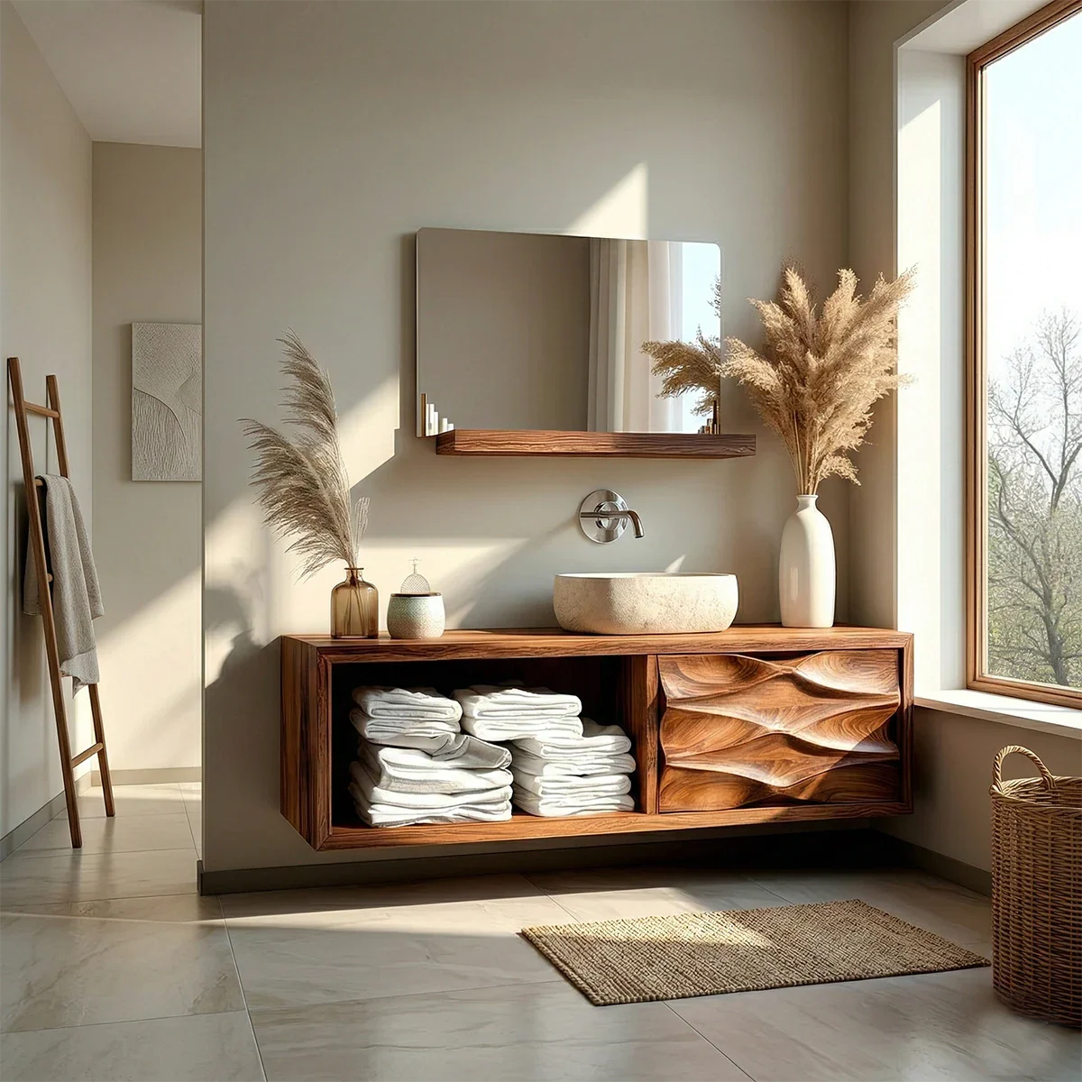 Floating Natural Solid Wood Bathroom Vanity With Sculpted Drawer - ArborisWood - 2