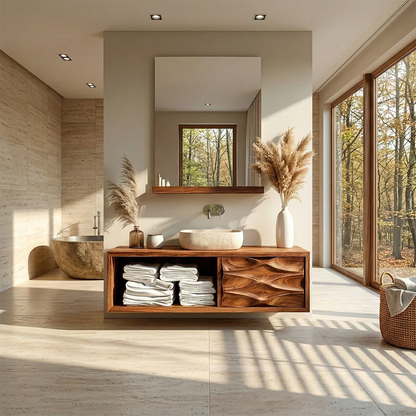 Floating Natural Solid Wood Bathroom Vanity With Sculpted Drawer - ArborisWood - 3