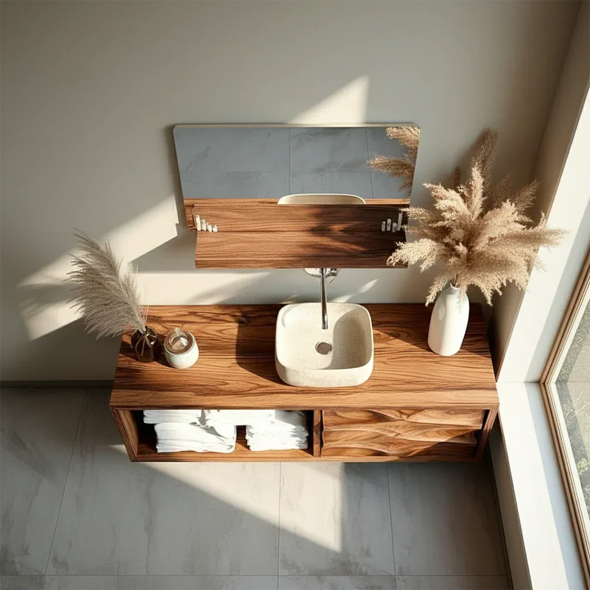 Floating Natural Solid Wood Bathroom Vanity With Sculpted Drawer - Arboriswood - 6