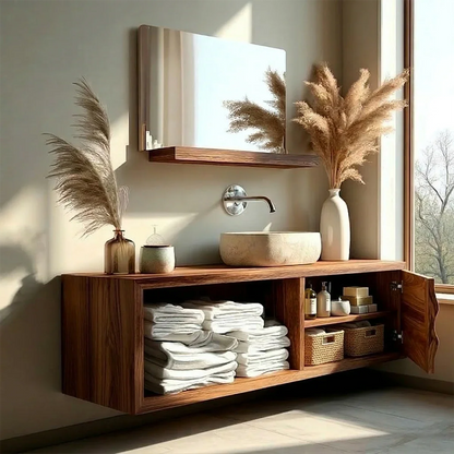 Floating Natural Solid Wood Bathroom Vanity With Sculpted Drawer - ArborisWood - 7