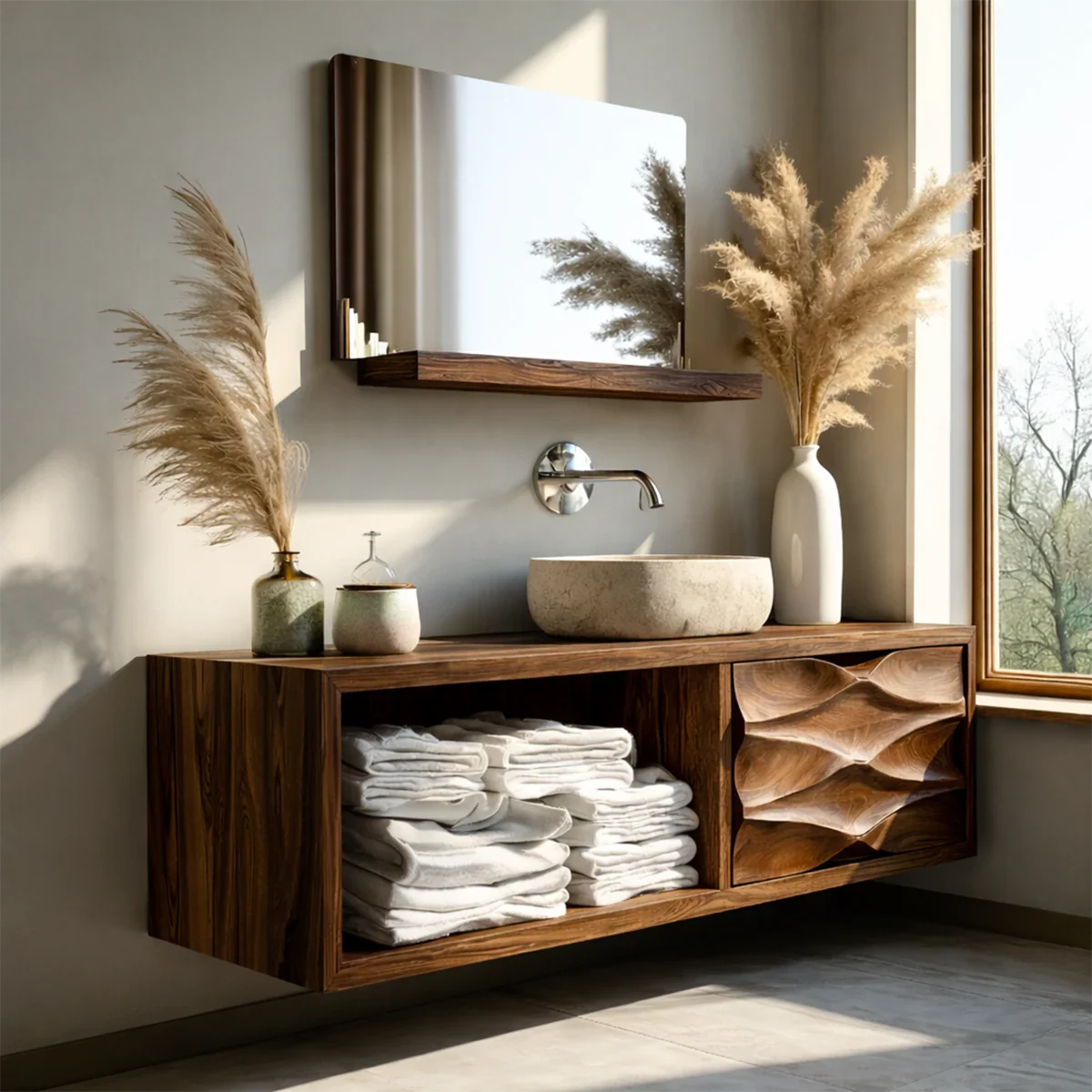 Floating Natural Solid Wood Bathroom Vanity With Sculpted Drawer - ArborisWood - 8