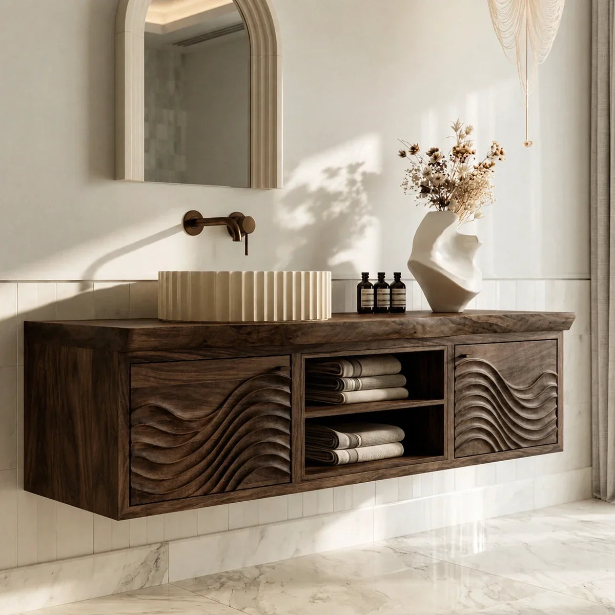 Floating Natural Solid Wood Bathroom Vanity with Wave Carving – Japandi - Arboriswood - 10