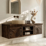 Floating Natural Solid Wood Bathroom Vanity with Wave Carving – Japandi - Arboriswood - 10