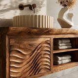 Floating Natural Solid Wood Bathroom Vanity with Wave Carving – Japandi - Arboriswood - 1
