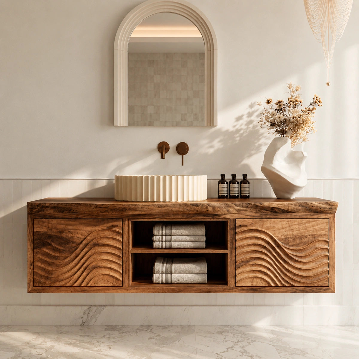 Floating Natural Solid Wood Bathroom Vanity with Wave Carving – Japandi - Arboriswood - 2