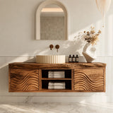 Floating Natural Solid Wood Bathroom Vanity with Wave Carving – Japandi - Arboriswood - 2