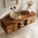 Floating Natural Solid Wood Bathroom Vanity with Wave Carving – Japandi - Arboriswood - 4
