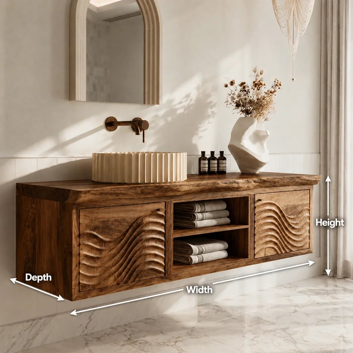 Floating Natural Solid Wood Bathroom Vanity with Wave Carving – Japandi - Arboriswood - 5