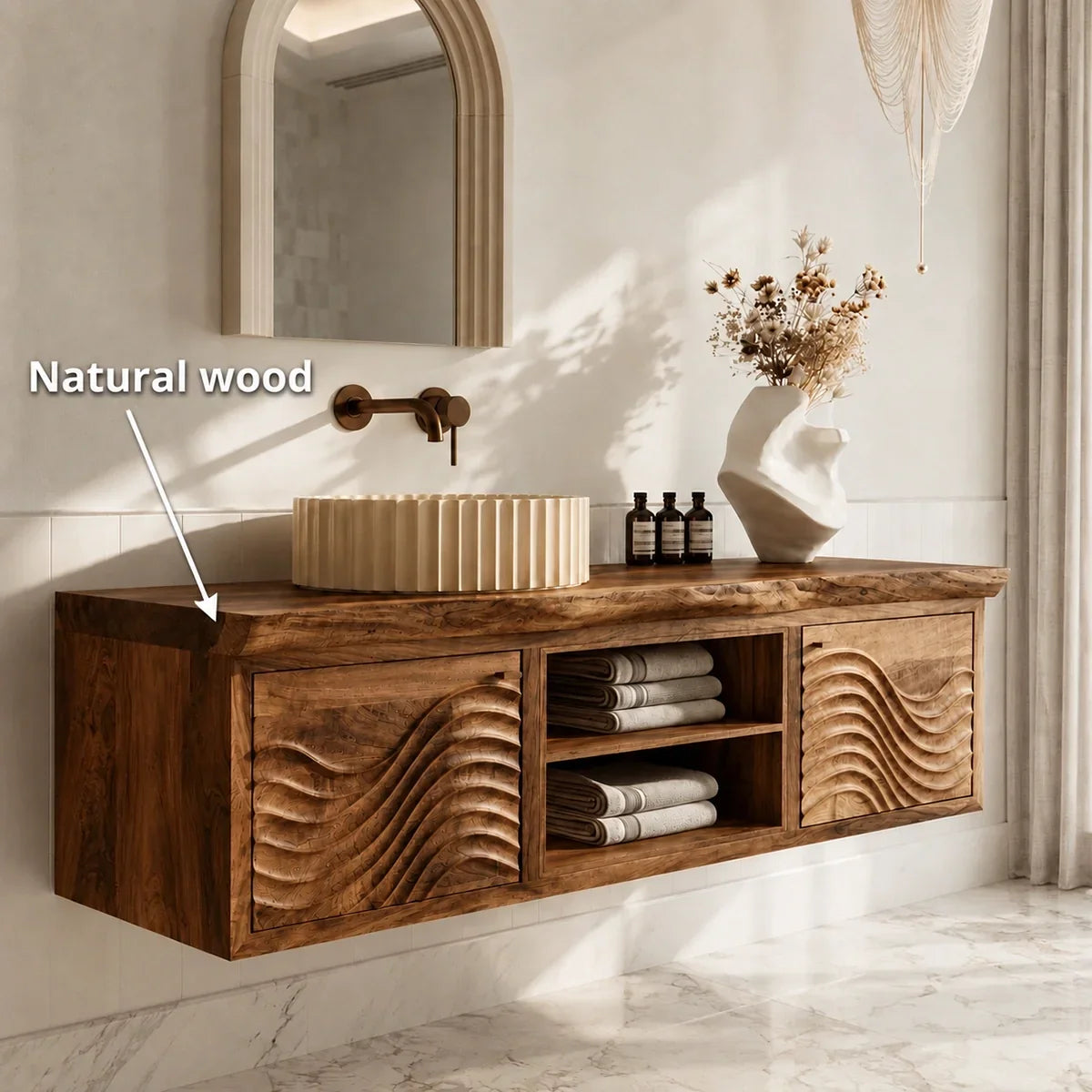 Floating Natural Solid Wood Bathroom Vanity with Wave Carving – Japandi - Arboriswood - 6
