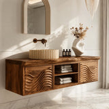 Floating Natural Solid Wood Bathroom Vanity with Wave Carving – Japandi - Arboriswood - 7