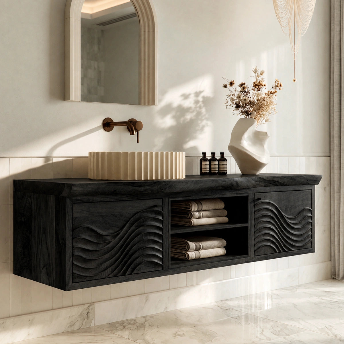 Floating Natural Solid Wood Bathroom Vanity with Wave Carving – Japandi - Arboriswood - 8