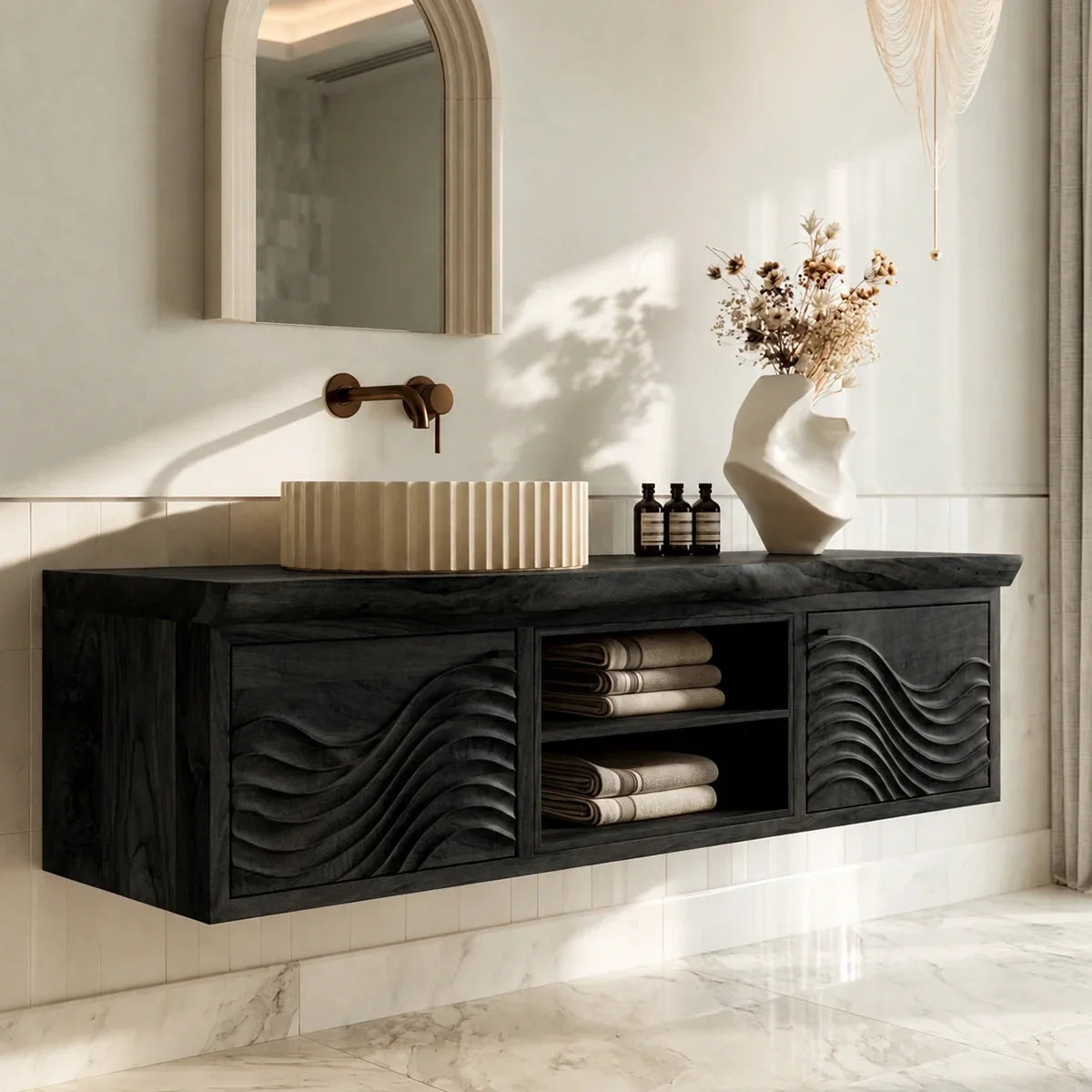 Floating Natural Solid Wood Bathroom Vanity with Wave Carving – Japandi - Arboriswood - 8