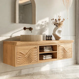 Floating Natural Solid Wood Bathroom Vanity with Wave Carving – Japandi - Arboriswood - 9