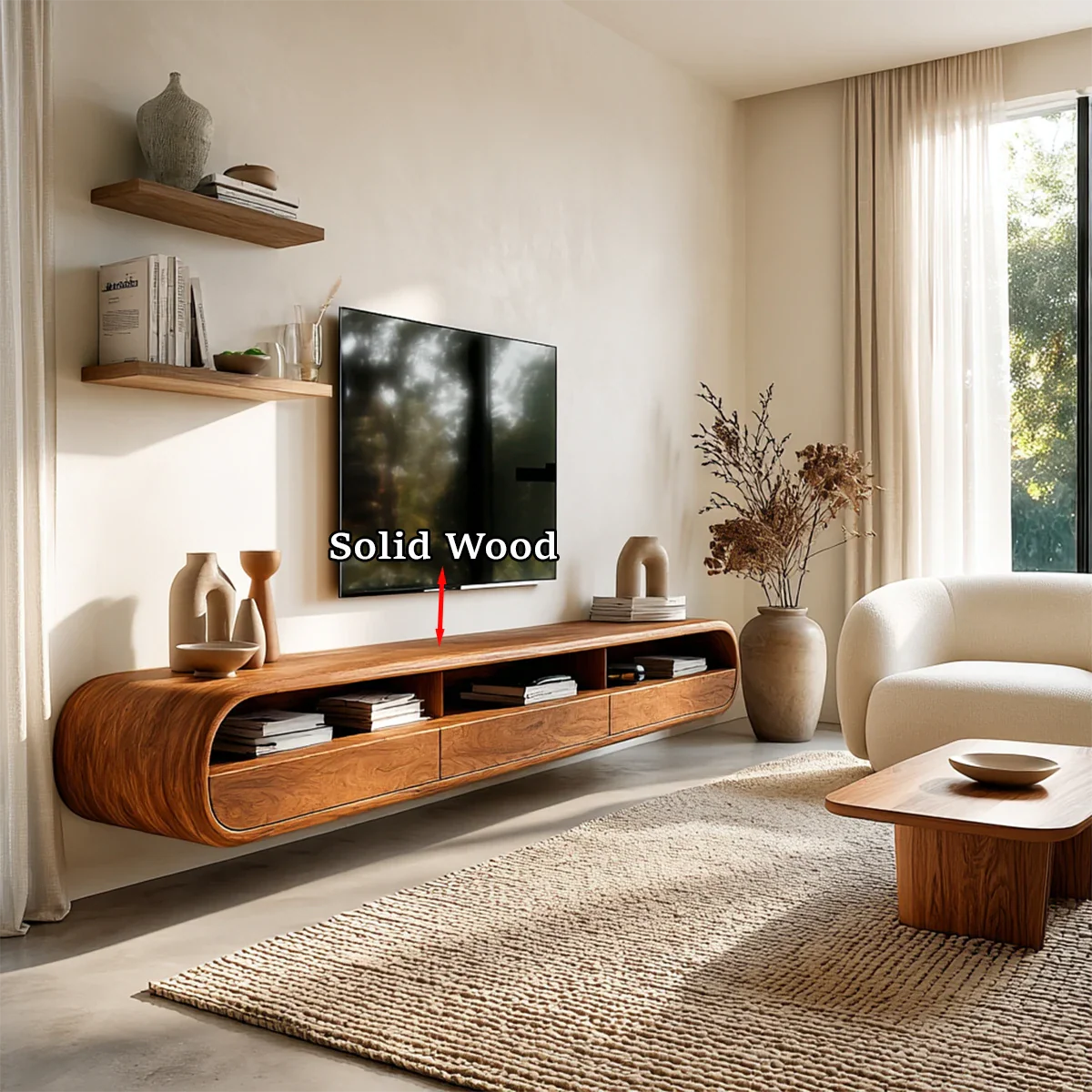 Floating Open Shelf TV Stand Solid Wood Media Console Storage Cabinets - ArborisWood - 10