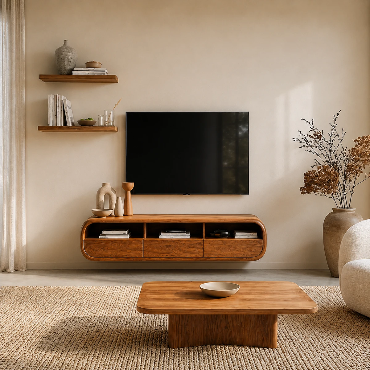 Floating Open Shelf TV Stand Solid Wood Media Console Storage Cabinets - ArborisWood - 12