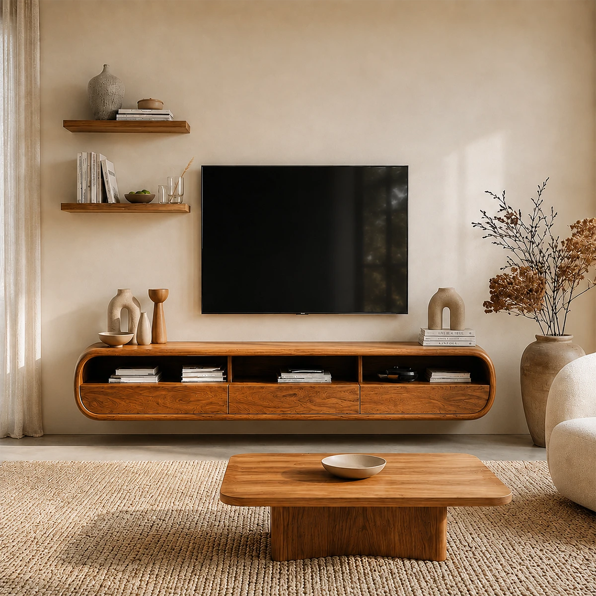 Floating Open Shelf TV Stand Solid Wood Media Console Storage Cabinets - ArborisWood - 14