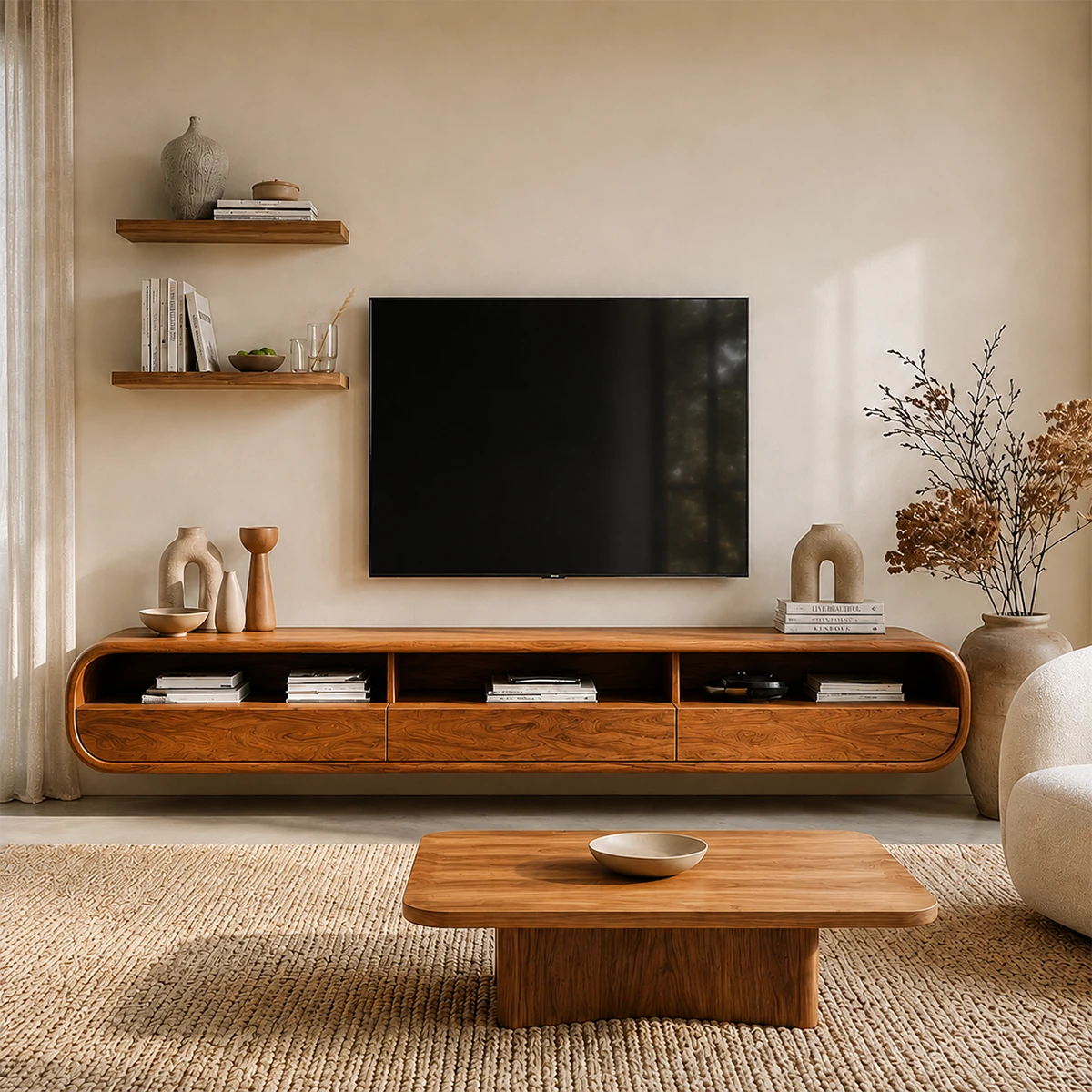 Floating Open Shelf TV Stand Solid Wood Media Console Storage Cabinets - ArborisWood - 15