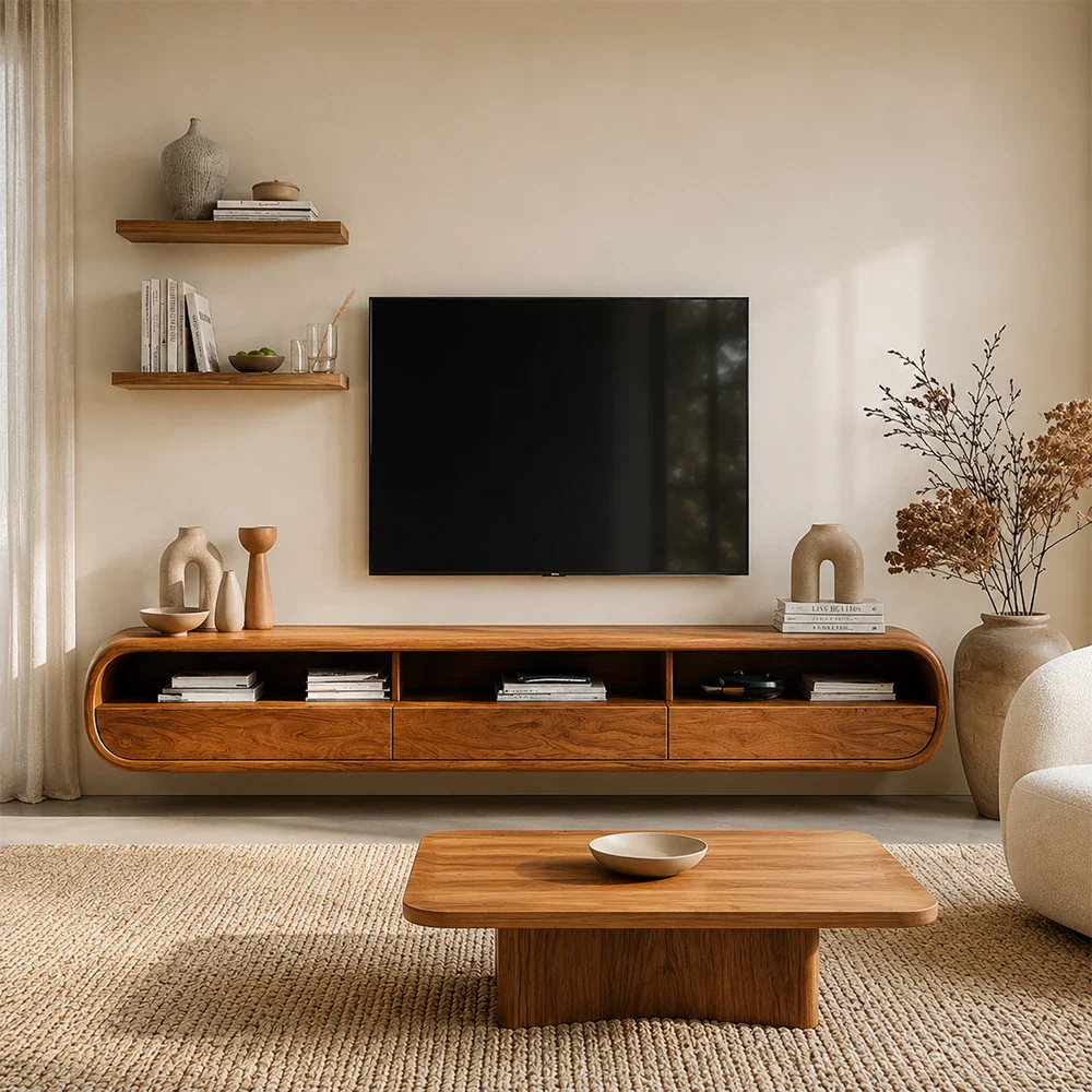 Floating Open Shelf TV Stand Solid Wood Media Console Storage Cabinets - ArborisWood - 3