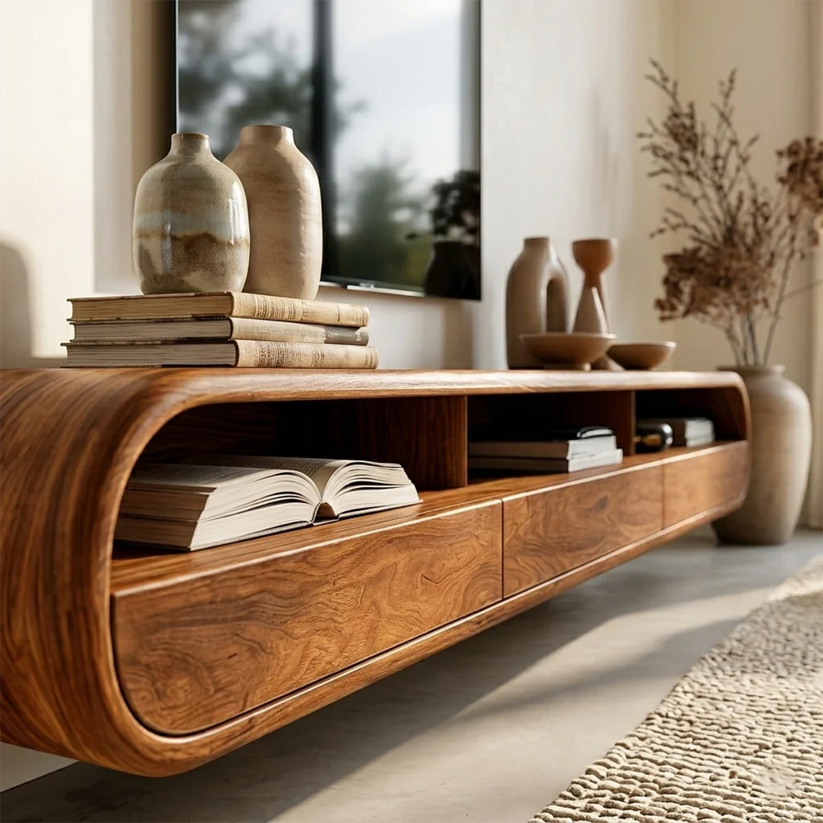 Floating Open Shelf TV Stand Solid Wood Media Console Storage Cabinets - ArborisWood - 4