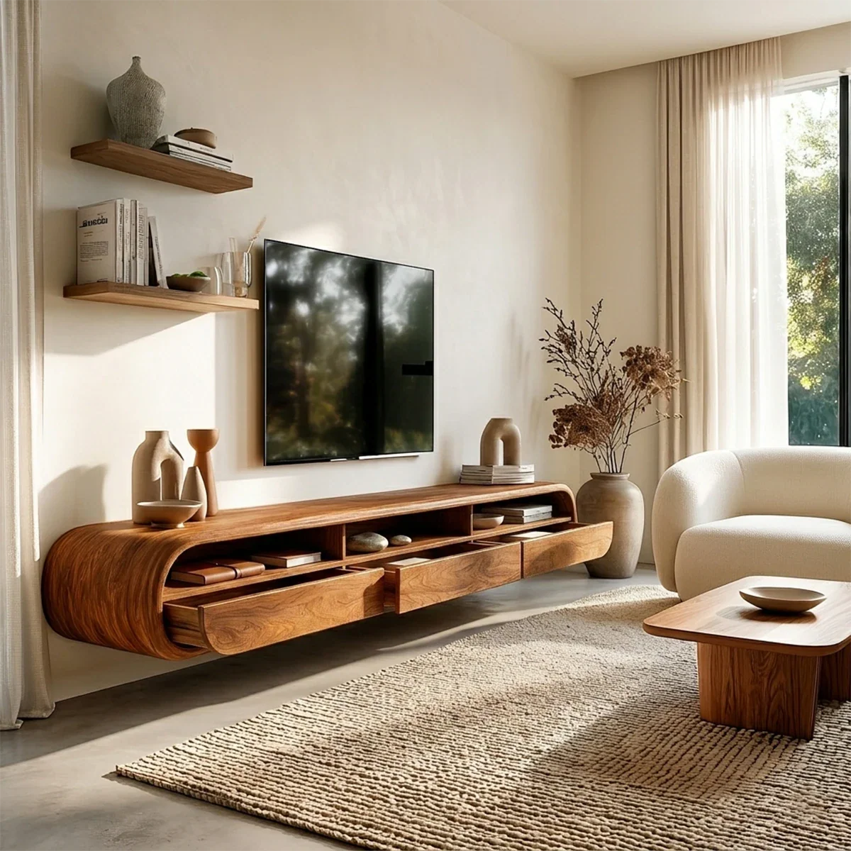 Floating Open Shelf TV Stand Solid Wood Media Console Storage Cabinets - ArborisWood - 5