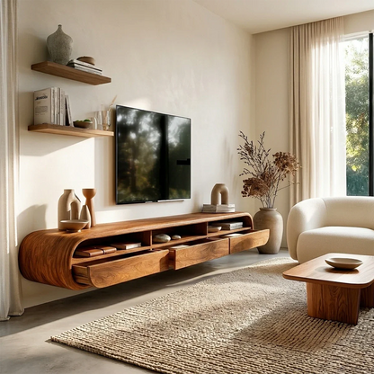 Floating Open Shelf TV Stand Solid Wood Media Console Storage Cabinets - ArborisWood - 5