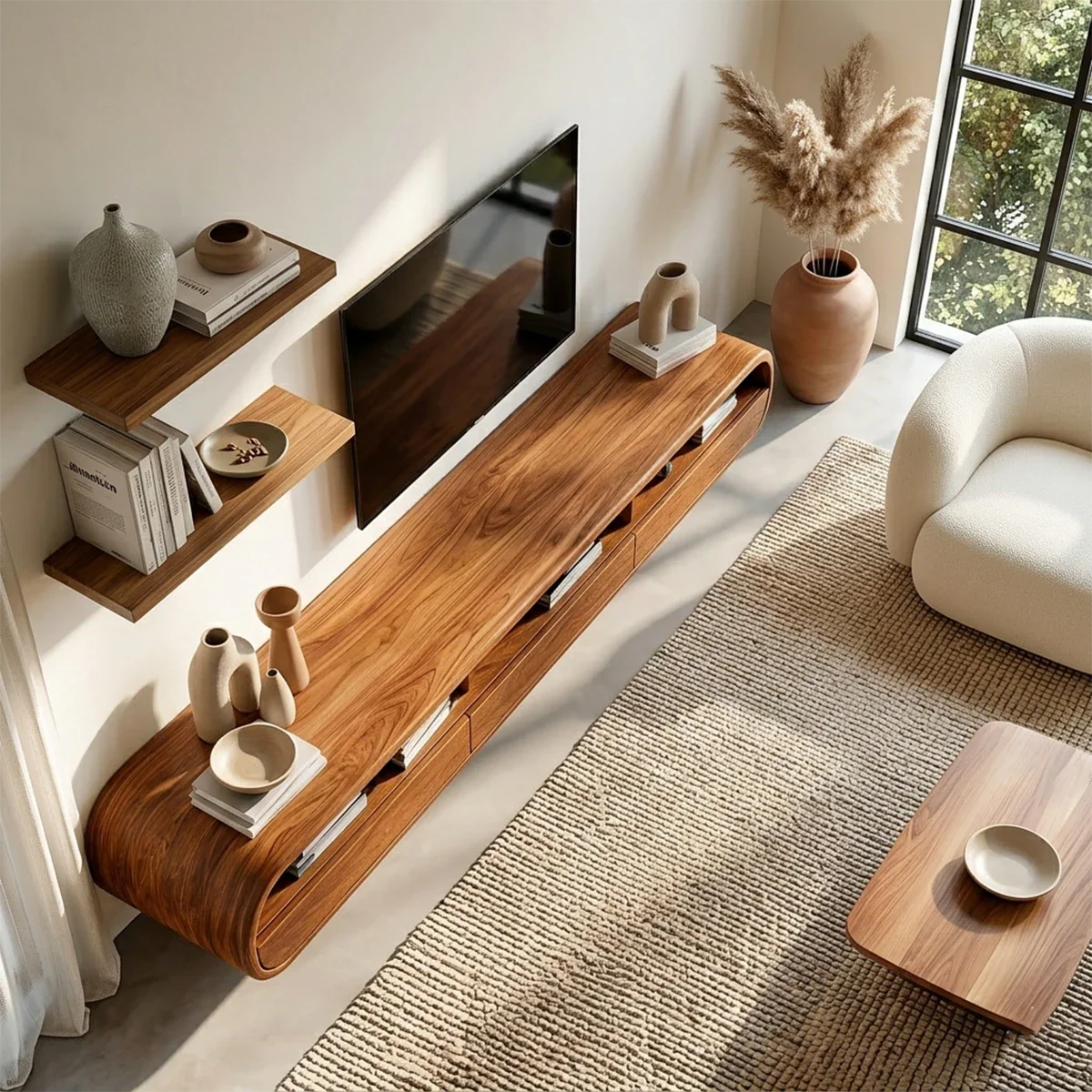Floating Open Shelf TV Stand Solid Wood Media Console Storage Cabinets - ArborisWood - 6