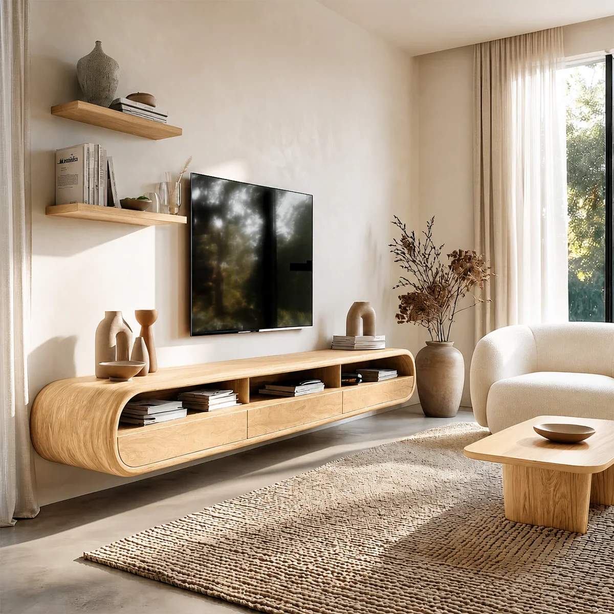Floating Open Shelf TV Stand Solid Wood Media Console Storage Cabinets - ArborisWood - 8