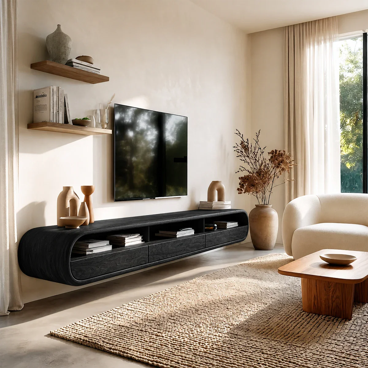 Floating Open Shelf TV Stand Solid Wood Media Console Storage Cabinets - ArborisWood - 9