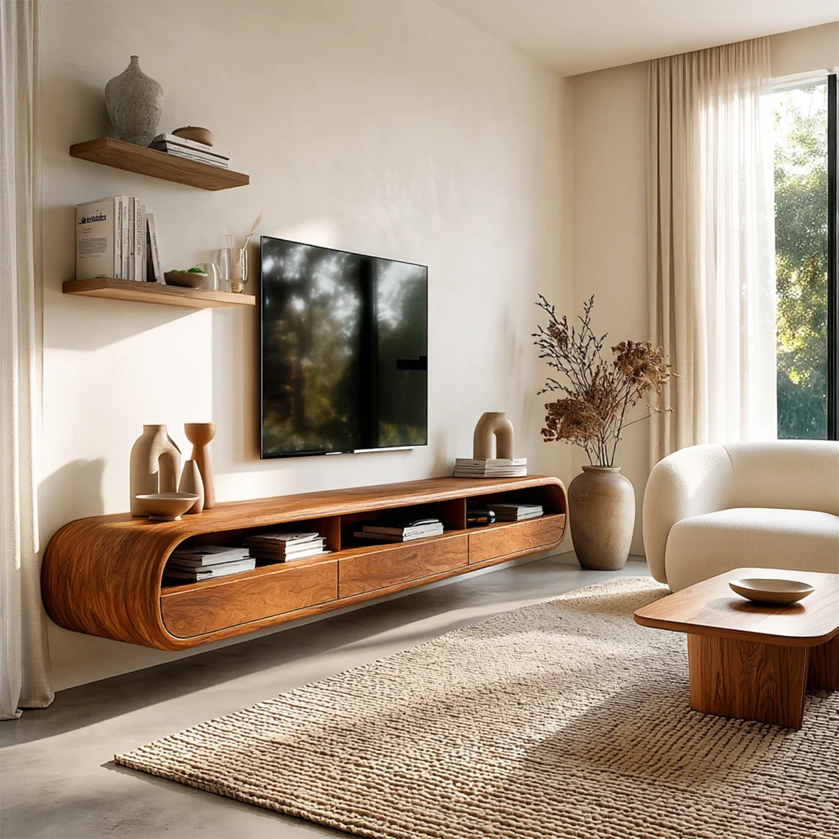Floating Open Shelf TV Stand Solid Wood Media Console Storage Cabinets - ArborisWood