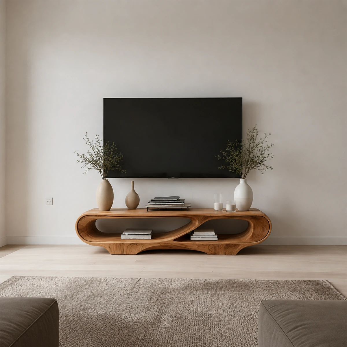 Floating Open Shelf TV Stand Solid Wood Sculptural Media Console - ArborisWood - 13