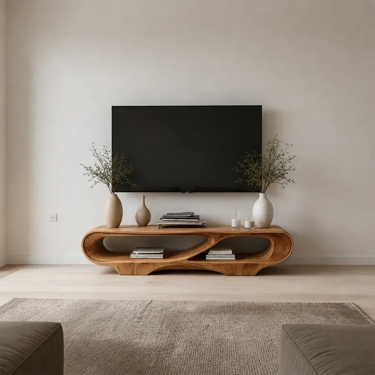 Floating Open Shelf TV Stand Solid Wood Sculptural Media Console - ArborisWood - 13