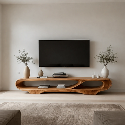 Floating Open Shelf TV Stand Solid Wood Sculptural Media Console - ArborisWood - 16