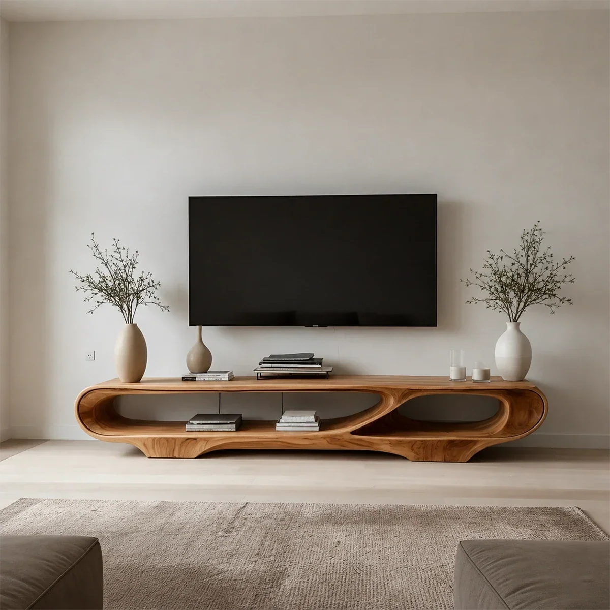 Floating Open Shelf TV Stand Solid Wood Sculptural Media Console - ArborisWood - 16