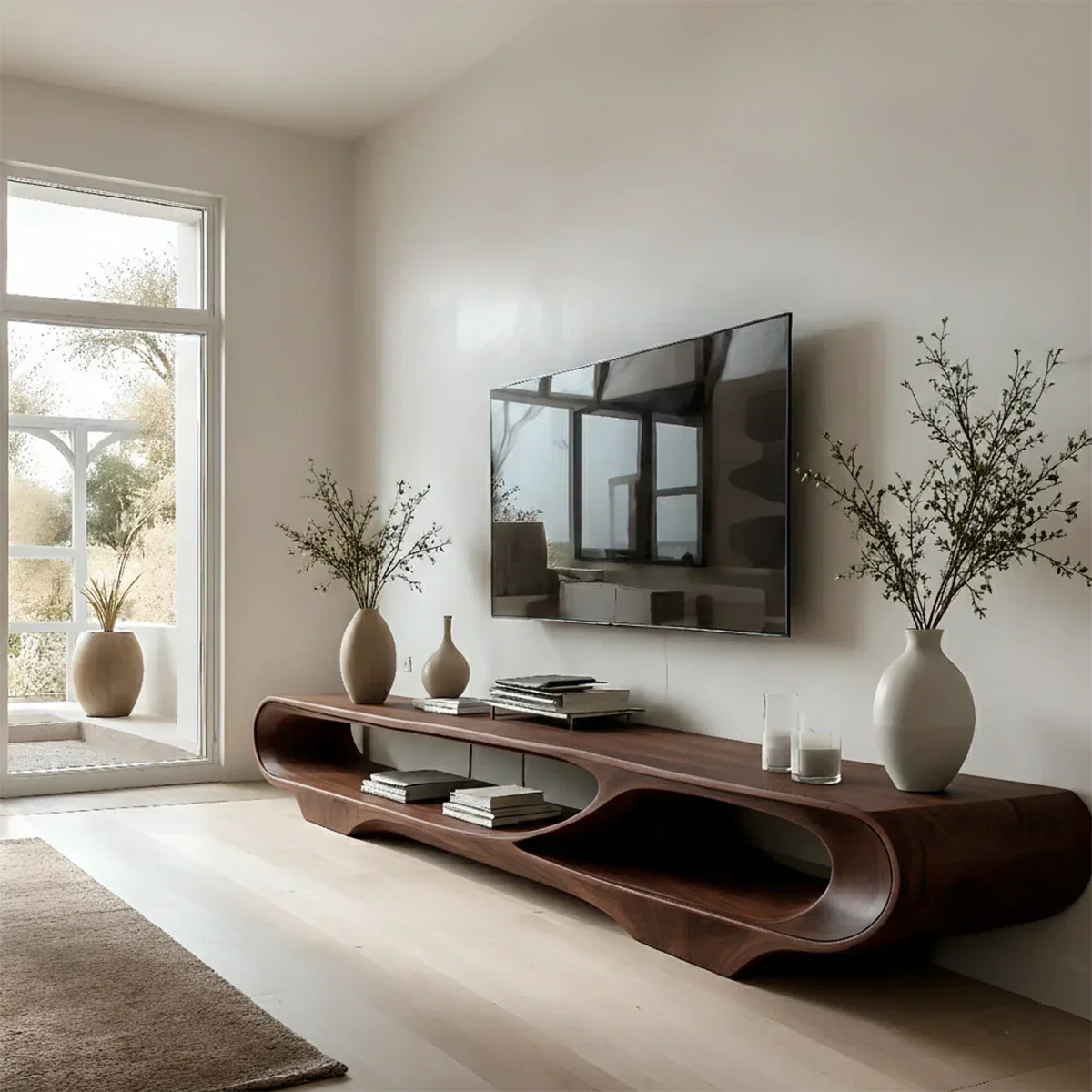 Floating Open Shelf TV Stand Solid Wood Sculptural Media Console - ArborisWood - 8