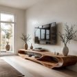 Floating Open Shelf TV Stand Solid Wood Sculptural Media Console - ArborisWood