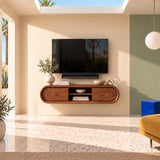 Low profile TV stand in natural solid wood with floating style and curved silhouette