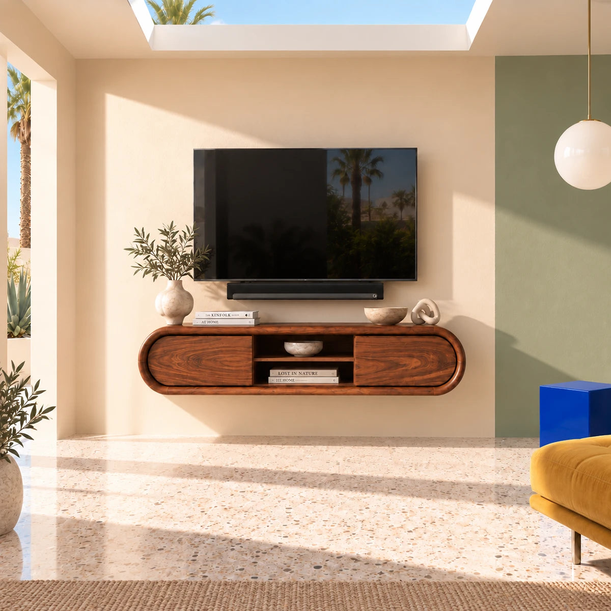 Refined media unit in natural solid wood with rounded frame and display storage