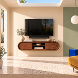 Refined media unit in natural solid wood with rounded frame and display storage