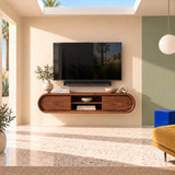 Floating media console in natural solid wood with soft curves and center shelving