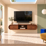 Elegant TV cabinet in natural solid wood with rounded sides and open shelf detail