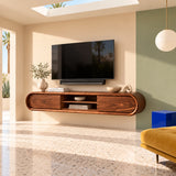 Natural solid wood TV stand with rounded ends and center shelf in a bright room