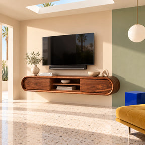 Natural solid wood TV stand with rounded ends and center shelf in a bright room