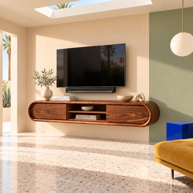 Natural solid wood TV stand with rounded ends and center shelf in a bright room