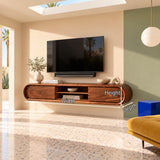 Modern TV stand in natural solid wood with streamlined shape and open middle shelf