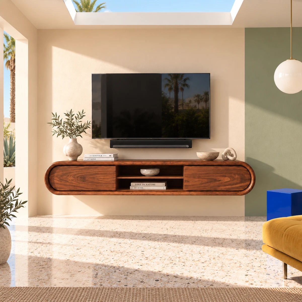 Floating TV stand in natural solid wood with rounded frame and central display shelf