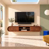 Floating TV stand in natural solid wood with rounded frame and central display shelf
